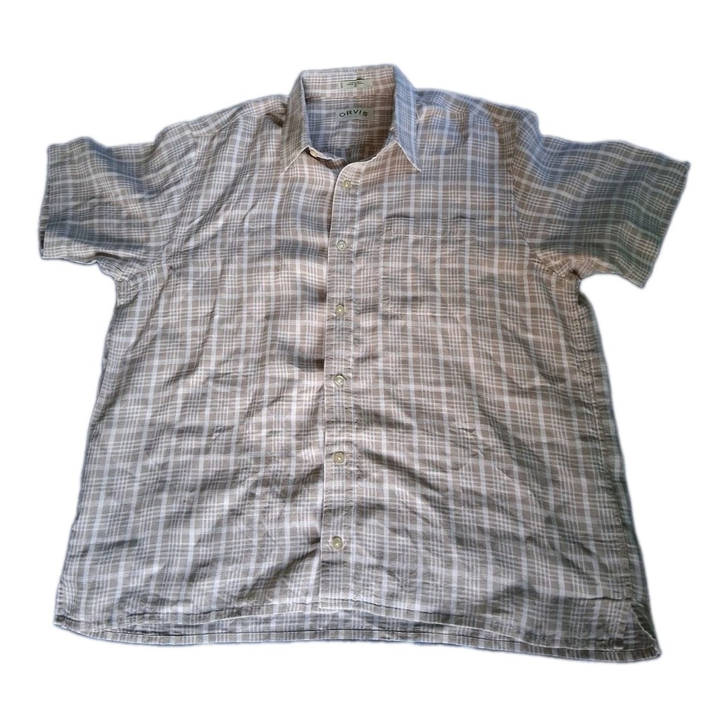 Orvis 100% Linen Shirt Mens XL Beige short Sleeve Button Front
